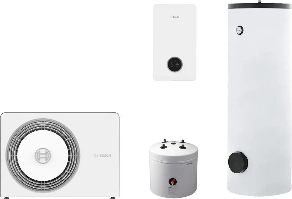 Bosch Heizungsanlage bestehend aus Außeneinheit, Inneneinheit, Pufferspeicher und Regelgerät, alles in Weiß.